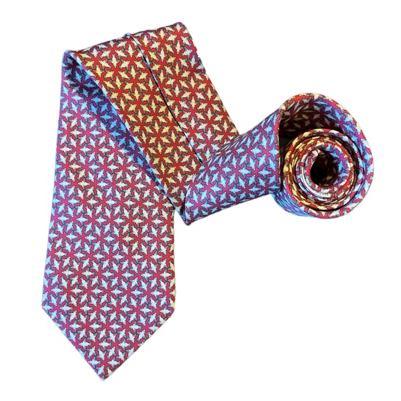 HERMES Paris France Men’s Red Whimsical Circling Birds 100% Silk Designer Tie